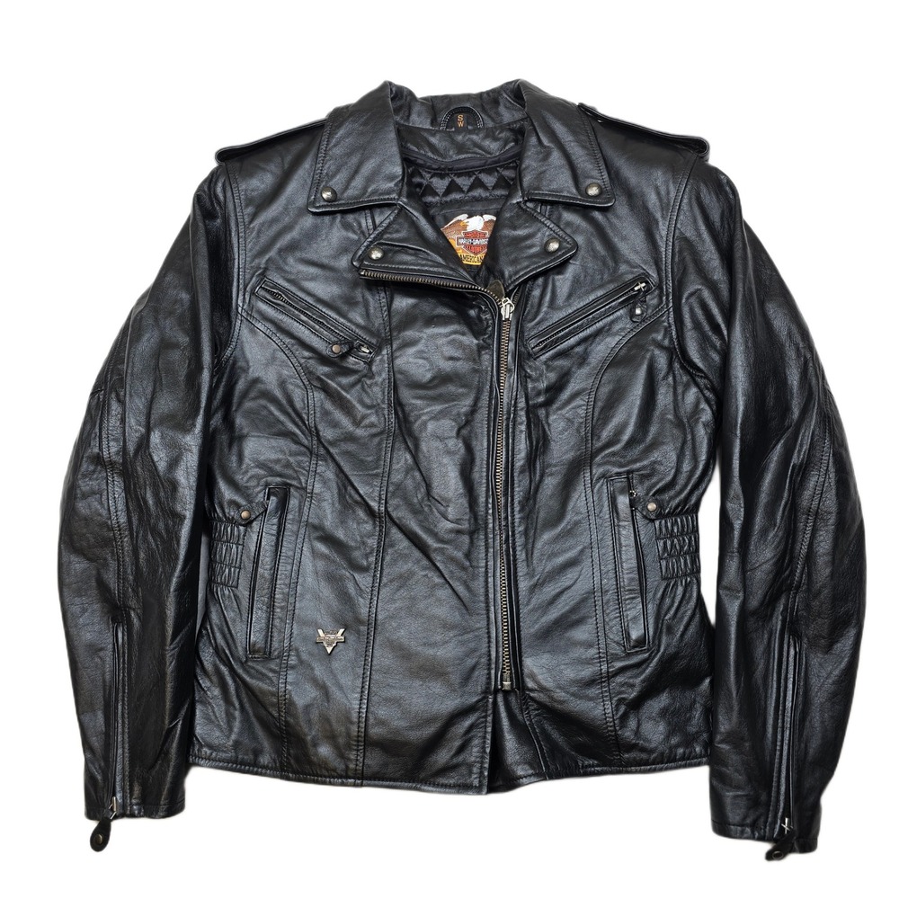 Harley Davidson Leather Motorcycle Jacket Womens Small Black Biker Moto 90's Y2K